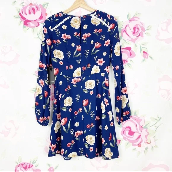 NEW Forever 21 Blue Floral Print Pleated Mini Dress S - Picture 5 of 7